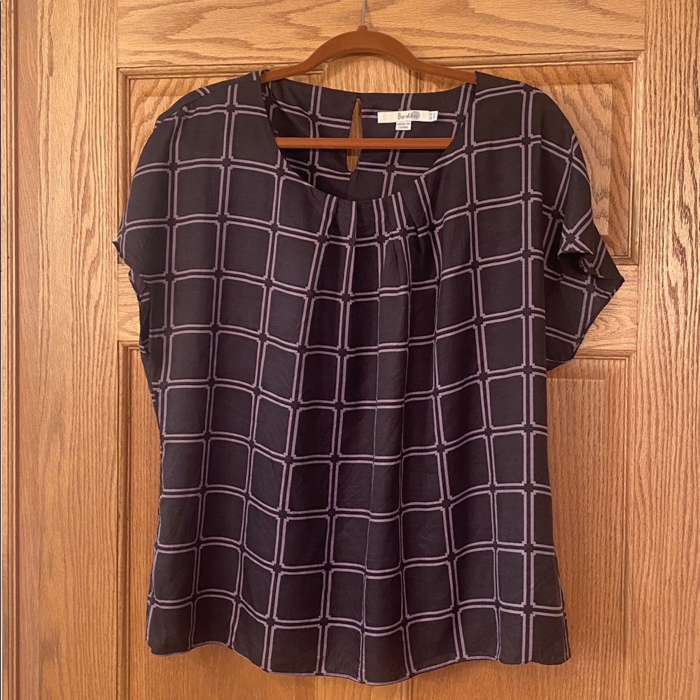 Boden Charcoal Grey and Lavender Checkered Blouse